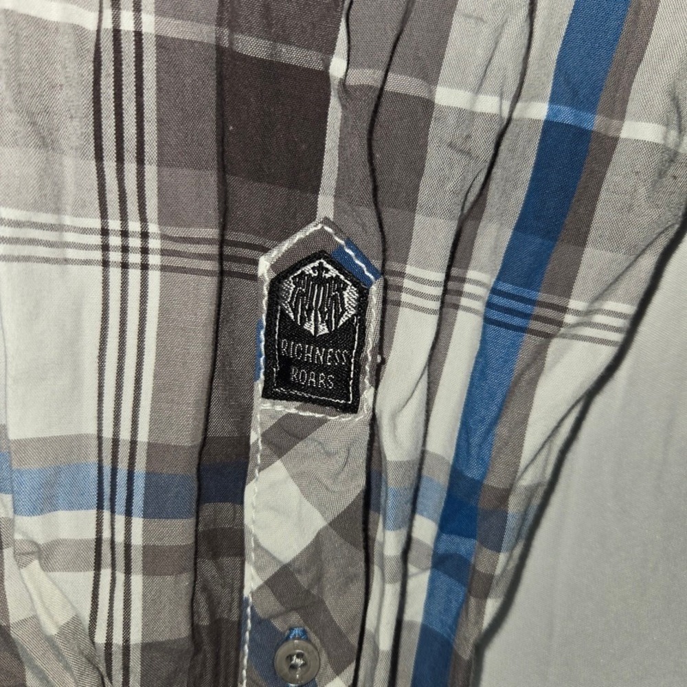 Roar Embroidered Button Down Shirt Grey Blue Plaid Men Large Buckle Graphic Back - Picture 5 of 10